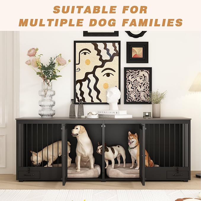 86.6" Large Furniture Style Dog Crate for 2 Dogs, Black | Heavy Duty Wooden Dog Kennel with Dog Bowl Drawers & Divider, Indoor Dog kennel House TV Stand for Large Medium Dogs