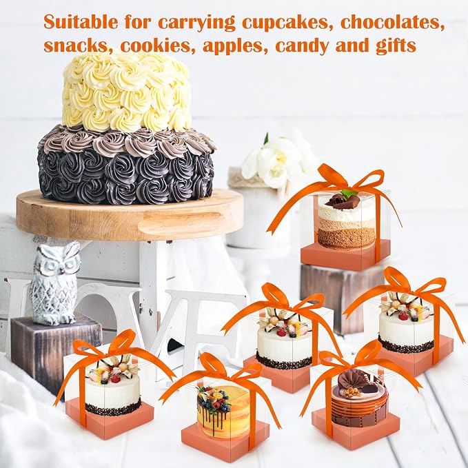 12 PCS Clear Cupcake Boxes 3.5 Inch Cupcake Containers (Orange) | Disposable Cupcake Carrier Plastic Individual Cupcake Storage Holder with Ribbons and Inserts for Wedding, Birthday Party