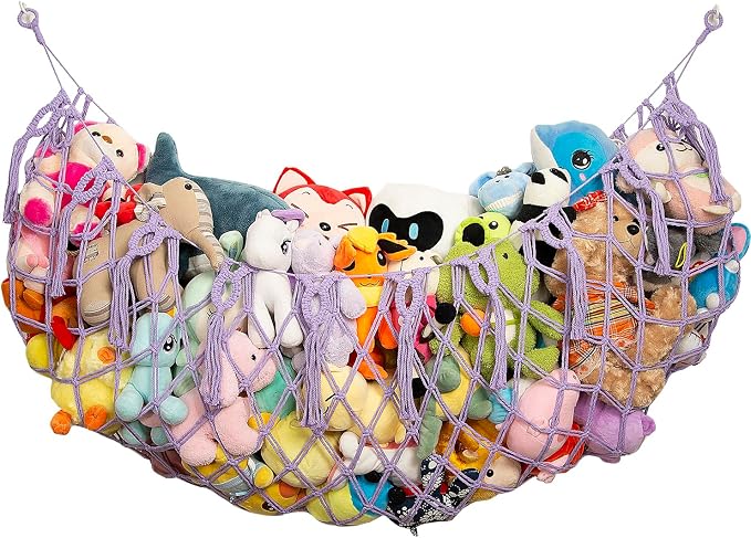 Stuffed Animal Net or Hammock -Wall Mounted-Handmade Macrame Toy Hammock Organizer Stuffed Animal Display Plush Toys Holder Boho Decor for Nursery Playroom Purple