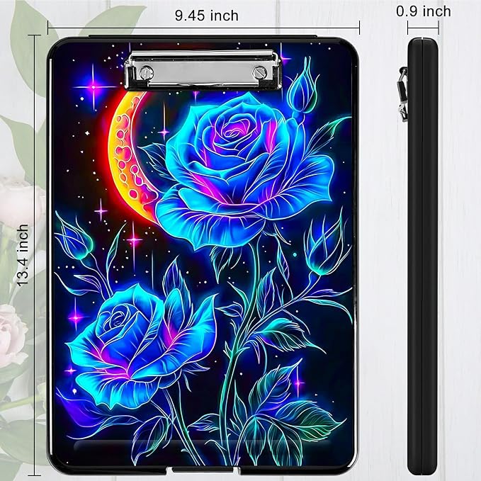 Blue Rose Moon A4 Clipboard with Storage Pen Holder, Clipboards Organizer Nursing Clipboard Foldable File Folder Plastic Clipboard Folio Clip Board for Office Students Classroom Doctor