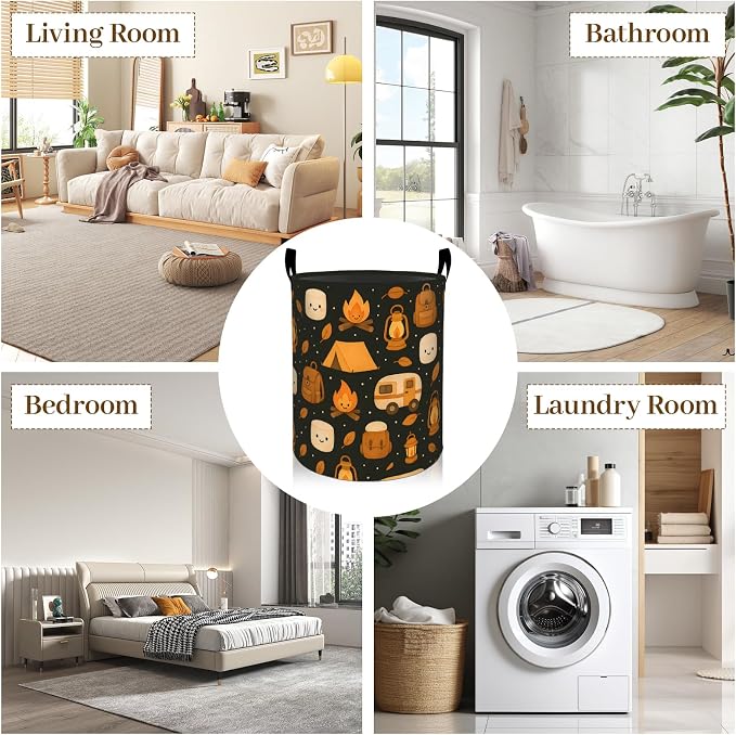 Camping Laundry Basket, Cute Campfire Foldable Oxford Cloth, Waterproof Dirty Clothes Hamper with Handles, Clothing Storage Bin Toy Organizer for Bedroom Dorm Bathroom, 19.7"x15.7"