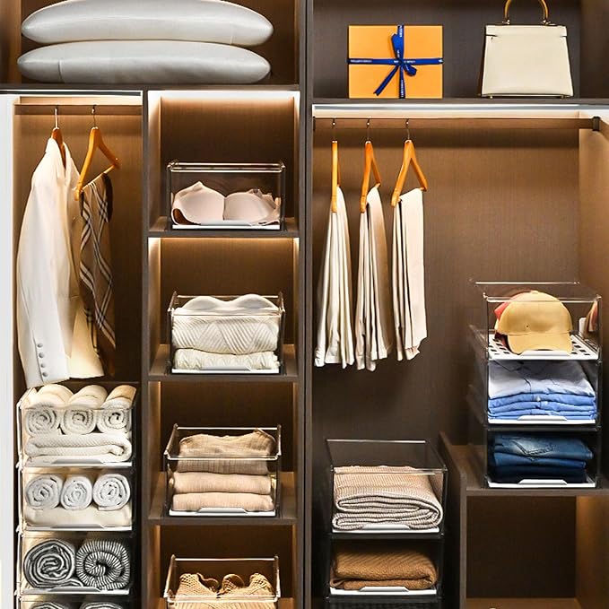 Closet Storage Box Clear Stackable Drawer Type PET Clothing Organizer Bin with Support Rod for Wardrobe Bedroom Shelf Clothes Storage 16.7x12.0x6.5in
