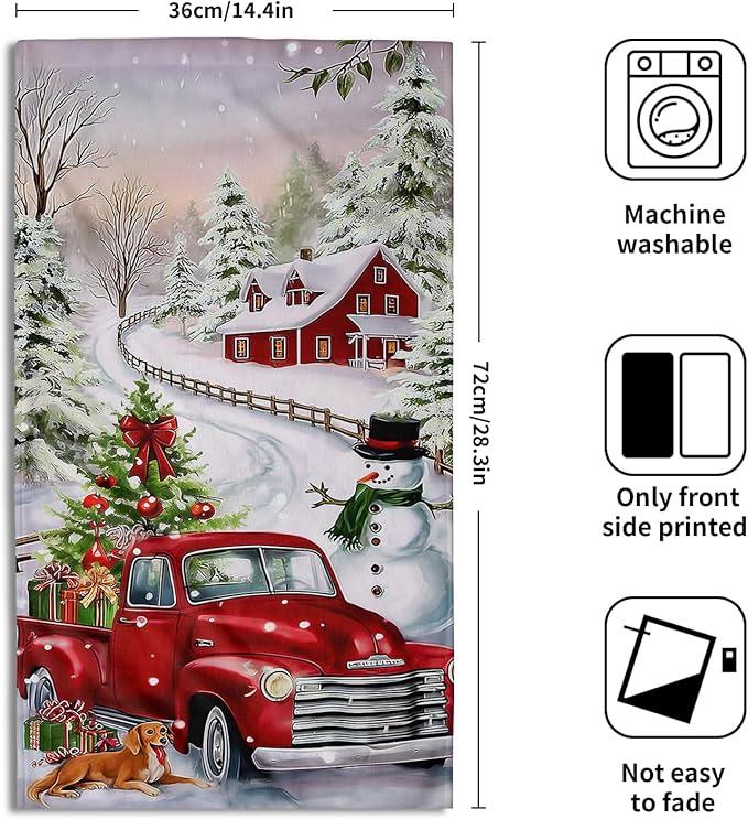 Giwawa Red Truck Towel Winter Snowman Xmas Pine Trees Decorative Hand Towels Set of 2 Snowflake Presents Snow Cottage Soft Microfiber Face Washcloth for Bathroom Guest Seasonal Hotel Gym