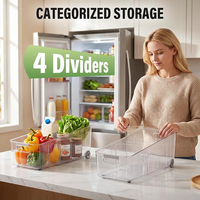 Pull Out Fridge Organizer Bins with Wheels, 8 Dividers, 2-Pack | Clear PET storage bins with handles, rear wheels and adjustable dividers for refrigerator, pantry and cabinet shelves