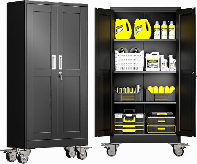 GAIOUS Metal Garage Storage Cabinet with Lock, 61” Tall Lockable File Cabinet with Wheels, Steel Tool Cabinet with 2 Door and 3 Adjustable Shelves, Rolling Cabinet for Home Office Garage Gym - Black