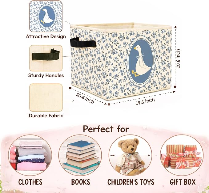 Blue Floral Goose Foldable Fabric Storage Bin for Kids Room | Blue floral cottagecore design; foldable storage basket for toys, books, clothes in nursery, bedroom or playroom.
