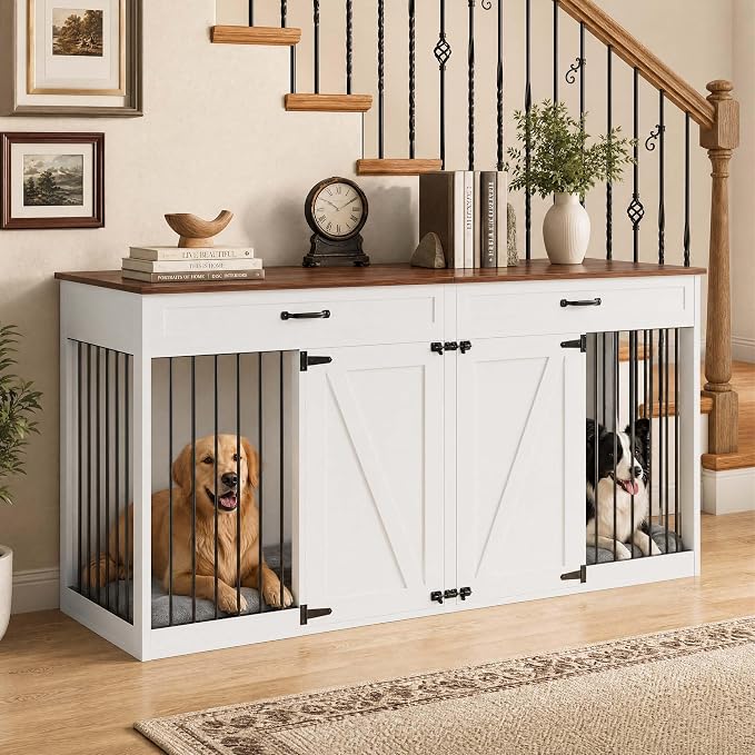 71'' Double Dog Crate Furniture for 2 Dogs, Dog Crate with 2 Drawer | Farmhouse Dog Crate TV Stand with Removable Divider Dog Kennel Furniture, Heavy Duty Dog Cage and TV Stand for Large Mediu