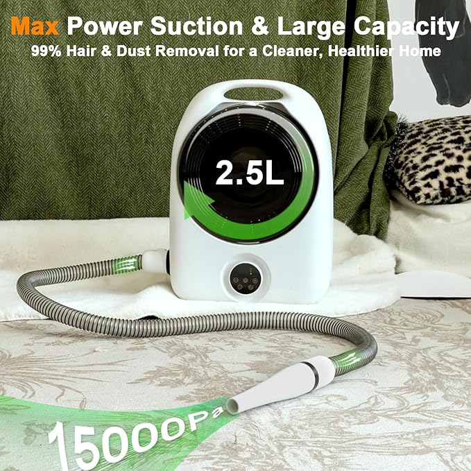 Dog Grooming Vacuum and Pet Dryer, 5-in-1 Dog Grooming Kit for Shedding, Low Noise Doggie Hair Blow Dryer, 2.5L Canister for Cat Vacuum Groomer, Portable Pet Trimmers for Dogs, White