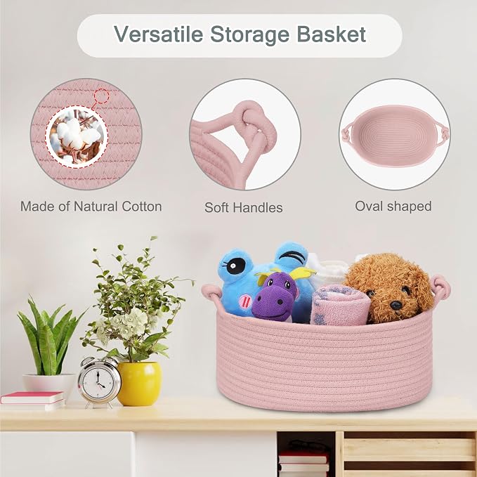 COMSE Small Gift Basket Empty with Bag & Ribbons, Solid Dusty Pink | Cotton Rope, 12"x 8"x 5", Pet Toy Storage Organizer, Woven Basket for Birthdays, Baby Showers, Mother’s Day, Valentine’s Day