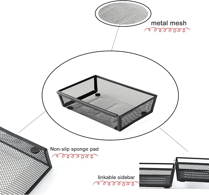 Mesh Tray Silverware Drawer Organizer, Utensil Cutlery Tray Office Supplies with Interlocking Arm Drawer Dividers Organizer for Flatware, Knives,Home,Office, School,Bedroom 9X6＂Black