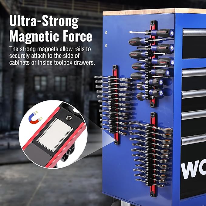 WORKPRO Magnetic Screwdriver and Wrench Organizer Set, 24-Slot Tool Holders | 2-Pack Aluminum Rails, Magnetic Force, Flexible High-Tension Tool Clips, For Tool Box Drawer & Wall-Mount Storage