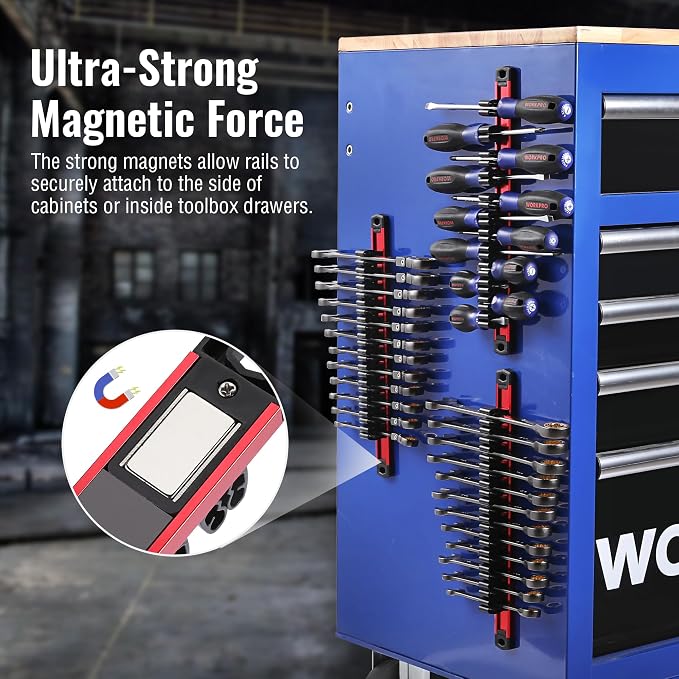 WORKPRO Magnetic Screwdriver and Wrench Organizer Set, 36-Slot Tool Holders | 3-Pack Aluminum Rails, Magnetic Force, Flexible High-Tension Tool Clips, For Tool Box Drawer & Wall-Mount Storage