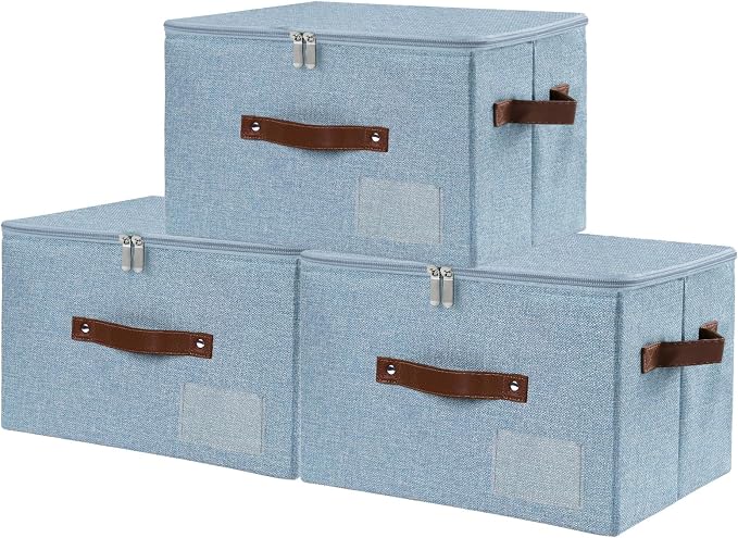 ANMINY Storage Box Fabric Bins with Zipper Lid, 15"x10"x10" Blue 3PCS | Keepsake Box, Decorative, Cotton Linen, Reinforced PP Board Frame, Washable, Stackable & Foldable, Label Holder & PU Handles