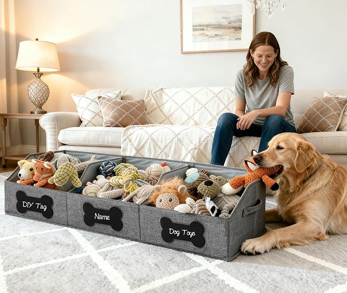 Qozary Large Dog Toy Basket with Diy Tag - Collapsible Dog Toy Bin, Fabric Personalized Pet Toy Box, Trapezoid Storage and Organizer for Pet Supplies