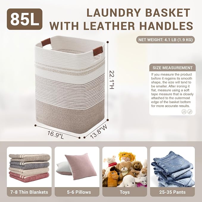 85L Tall Woven Laundry Basket Hamper with Leather Handles,Brown | collapsible wicker hamper, storage for dirty clothes, toys, blankets, gifts, living room, bedroom, bathroom, 17"x14"x22"