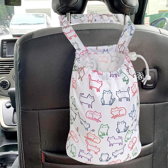 Waterproof Car Trash Bag Reusable Portable Garbage Can with Drawstring Top Adjustable Hanging Strap Leakproof & Washable for Cars SUVs & Trucks (White Cats)