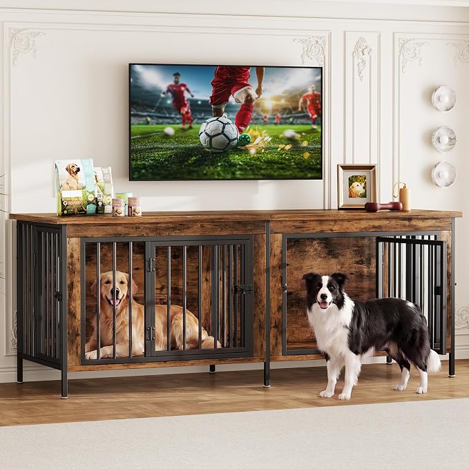 DUMOS 63" Dog Crate Furniture for 2 Dogs with Divider, Rustic Brown | Wooden Dog Kennel Furniture, Medium Breed Center Divider and Double Doors, Heavy Duty Indoor Dog Cage, TV Stand, Side Table