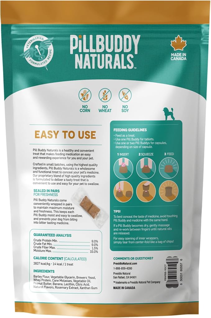 Presidio Earthly Pill Buddy Naturals - PB & Banana Recipe Pill Hiding Treats for Dogs - Make A Perfect Pill Concealing Pocket Or Pouch for Any Size Medication - 90 Servings
