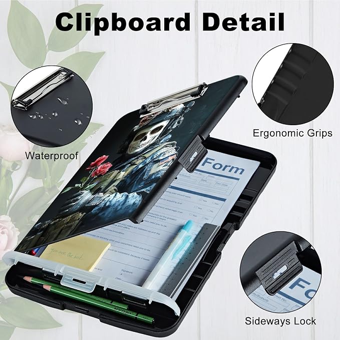 A4 Clipboard with Storage Pen Holder, Clipboards Organizer Nursing Clipboard Foldable File Folder Plastic Clipboard Folio Clip Board for Office Work Classroom Doctor, Skull Man Flower