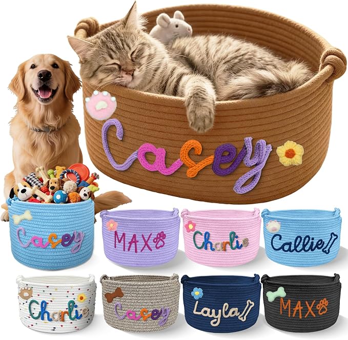 Personalized Dog Cat Toy Basket with Handles Custom Embroidery Name Cotton Rope Pet Toy Organizer Customized Puppy Kitten Toy Storage Bins for Pet Supplies Clothing Birthday Gifts