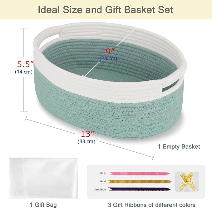 Small Woven Gift Basket with Bag & Ribbons, Light Green | Cotton Rope, 13”x 9”x 5.5”, Fits for Kids, Women & Men, Bedroom, Living Room, Nursery & Bathroom Storage, Cat & Dog Toy Boxes