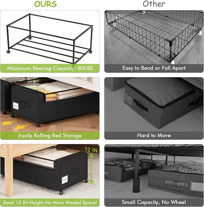 Webetop Under Bed Storage Containers with Wheels & Clear Lid 12 inch 2 Pack | Durable Construction, Smooth Movement, Hidden Storage, Bedroom Organization, Blanket And Clothing Storage, Convenient Access