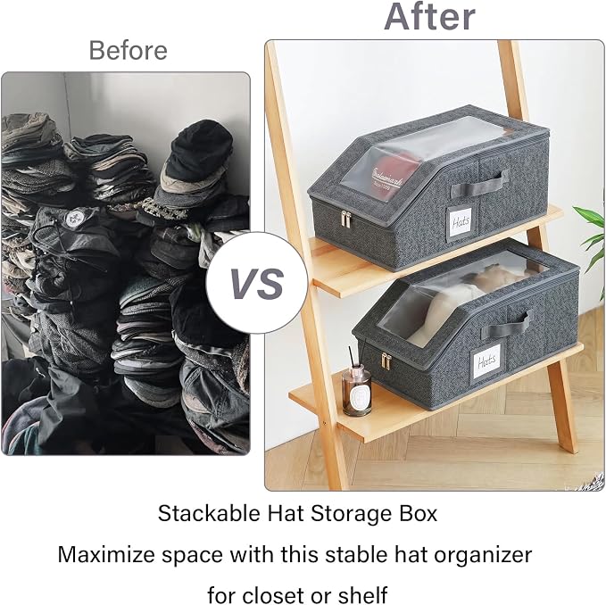 Furlide Hat Organizer for Baseball Caps, 2 Pack Stackable Storage Boxes | Protects 24-30 Caps From Dust and Pet Hair; Stackable Base, Clear Window, Front Opening and Handles Simplify Closet Storage.