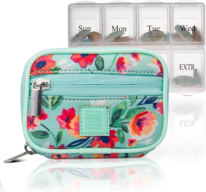 Made Easy Kit Pill Case - Weekly Medicine Organizer with Removable Seven-Day Vitamin & Supplement Box - Premium Neoprene for Travel Purse Accessory (Clear Plastic Boxes)