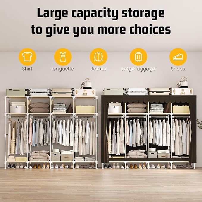 Large Portable Armoire Wardrobe Closet with 4 Hanging Rods and Lockers,Metal Storage Wardrobe Clothes Rack with Dust Cover for Clothes,16.7 in Wide,Bedroom,Gray (Brown, 77.5 in)
