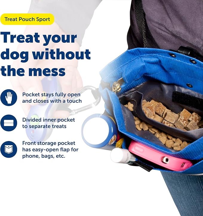 PetSafe Dog Treat Pouch Sport, Black, Mini, 6.25 in L x 5 in H | Water & Stain-Resistant Training Pouch with Divided Treat Pocket, Belt Clip & Carabiner for Keys or Bags, Machine Washable
