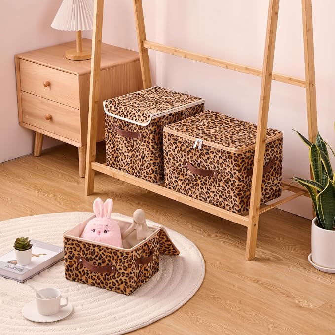 2PCS Storage Bin Boxes with Zipper Lid Leopard Print Cute Basket | Velvet Fabric, PU Leather Handles, PP Plastic Board, Foldable Washable Lidded Closet Shelf Organizer Container, Brown, Large