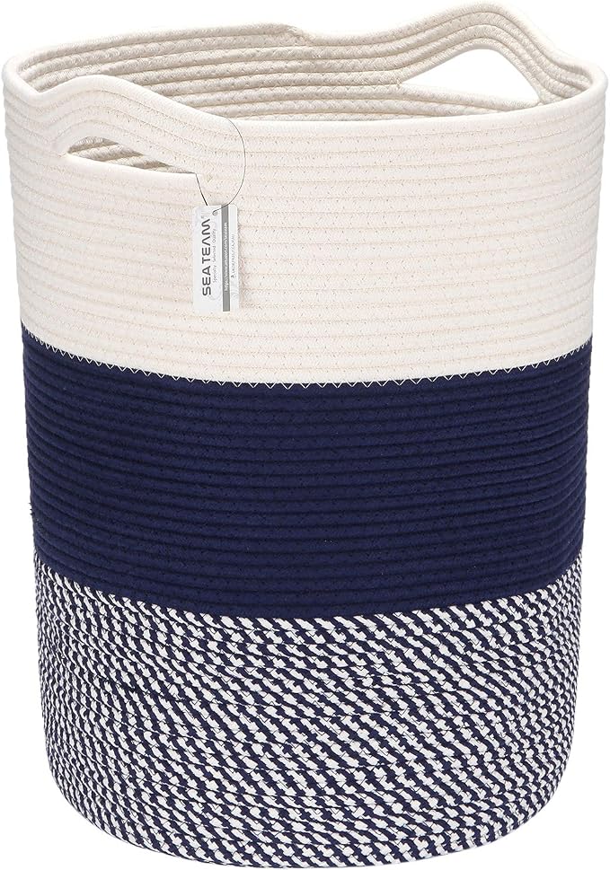 Sea Team Large Woven Cotton Rope Laundry Basket with Handles, 20 x 14 in | Collapsible Knitted Hamper, Closet Shelf Organizers, Containers for Clothing, Blankets, Toys, Bedding, Mottled Navy