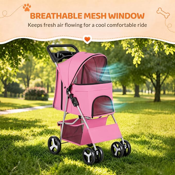 ZENY Foldable Pet Stroller, Cat/Dog Stroller with 4 Wheels | Pet Travel Carrier Strolling Cart with Storage Basket, Cup Holder (Pink)