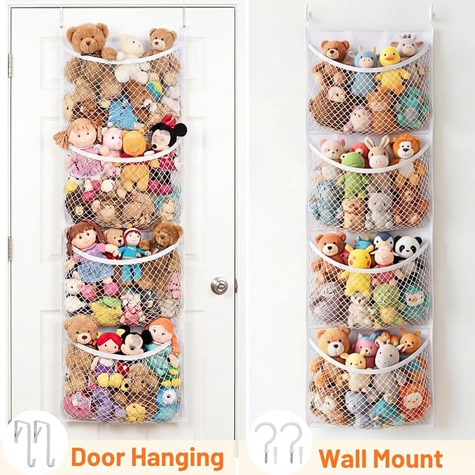 Over The Door Stuffed Animal Storage, Cotton Toy Organizer for Storage Plush Toys, Stuffed Animal Holder with 4 Large Pockets, Hanging Door Organizer for Nursery, Bedroom (White)