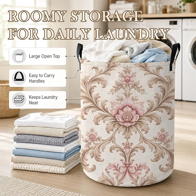 Vintage Floral Laundry Basket, Damask Leaves Collapsible Laundry Hamper Waterproof Oxford Cloth With Handles, Clothes Storage Bucket For Bathroom/Bedroom 16" x 20.8"