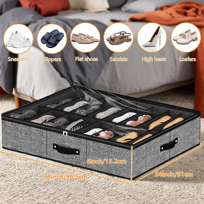 32 Pairs Shoe Organizer Under Bed, Underbed Shoe Storage Boxes Bins, Organizador De Zapatos, Extra Large Zapateras Organizer, Black, Set of 2
