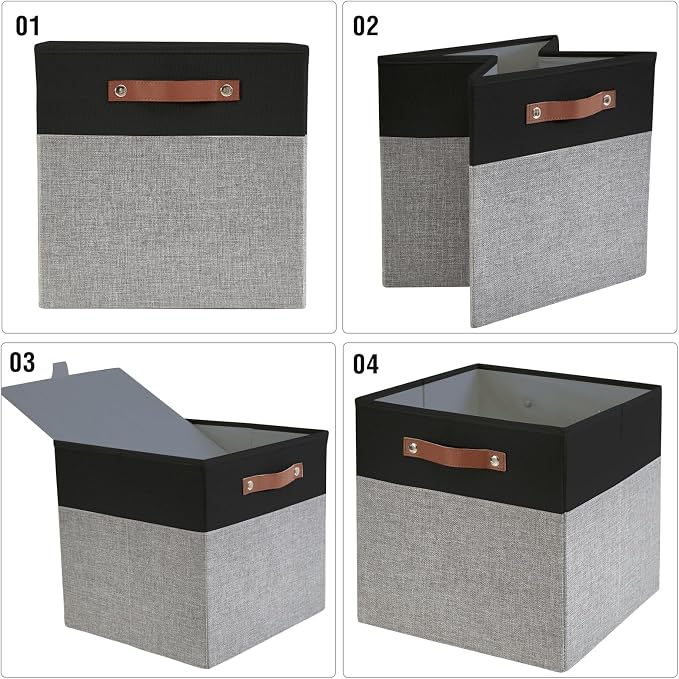 13x15x13 Storage Cube Bins, Foldable Storage Organizer Baskets, Fabric Cube Storage Boxes with 2 Reinforced PU Handles for Kallax, Shelves, Living Room | 4 Pack, Black & Gray
