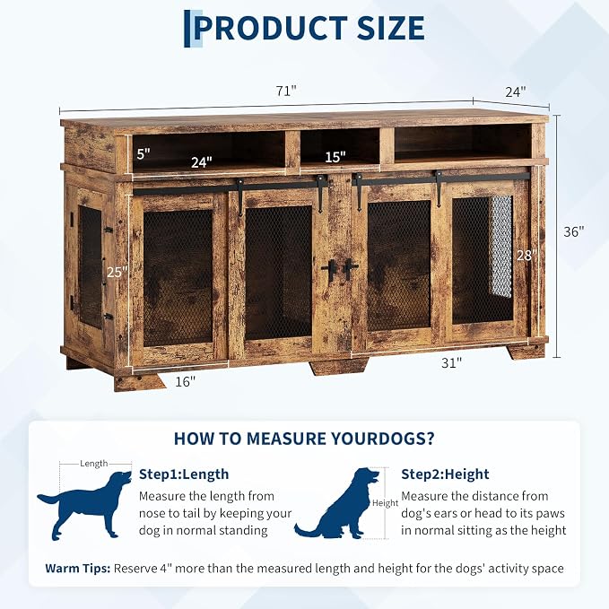 71" Dog Crate Furniture for 2 Dogs, Heavy Duty Indoor Dog Kennel TV Stand, End Table Dog Crate, XL Wooden Dog Cage with Divider for Medium Large Dogs