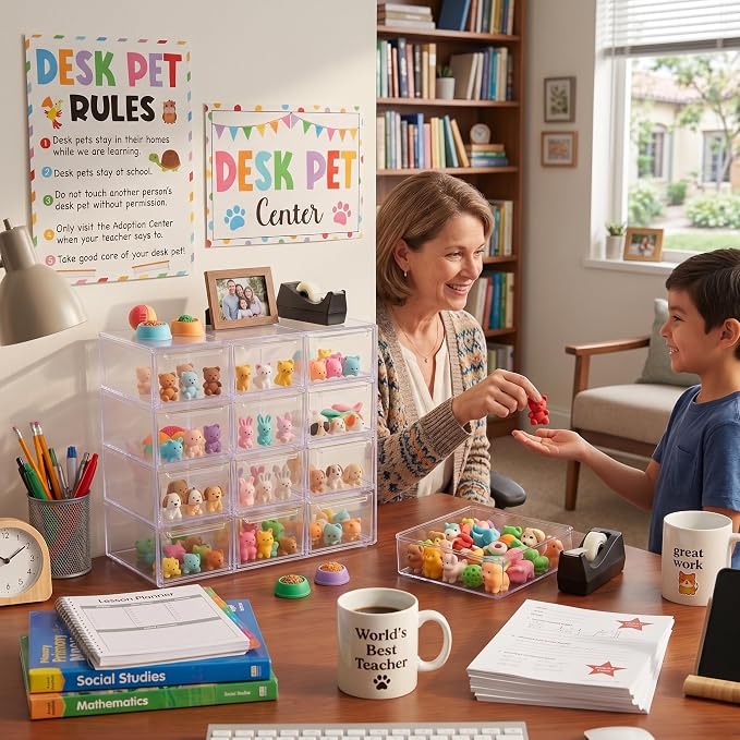 Fumete 2 Pack Classroom Desk Pet Adoption Container Desk Pet Habitats Center Boxes and Signs for Elementary Preschool Decorations Classroom Teacher Management Strategy Supplies for Prize Game Reward