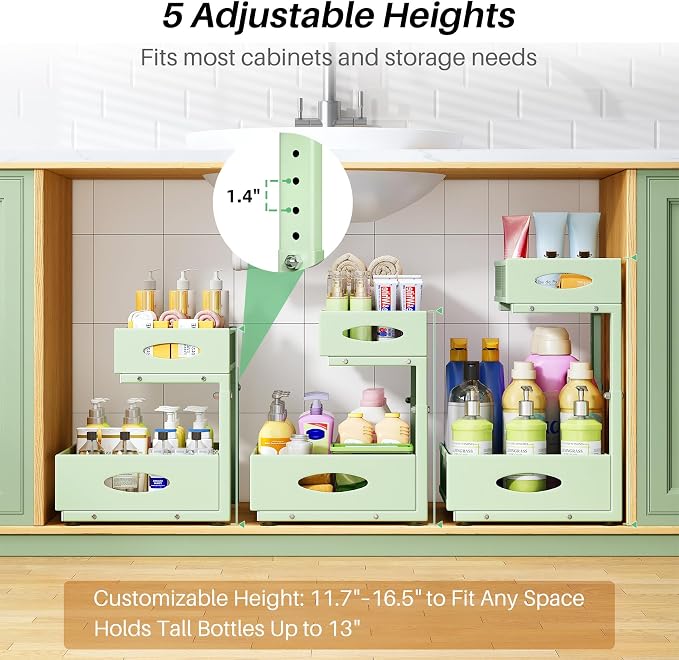 Under Sink Organizer, 2-Pack Pull Out Cabinet Organizer 2 Tier Metal Slide Out Storage Shelf Rack, L-Shaped Adjustable Height,Mesh Sliding Drawer for Kitchen, Bathroom, Laundry, Pantry, Green, XL