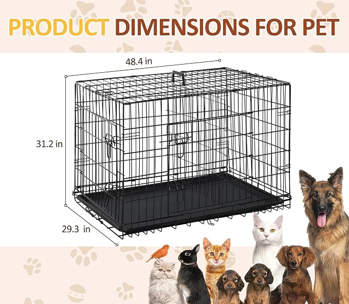 Large Dog Crate with Double Door, 48 Inch Folding Metal Wire Kennel Cage | Collapsible Metal Kennel for Puppies, Medium to Large Dogs, Removable Tray and Foldable for Easy Storage