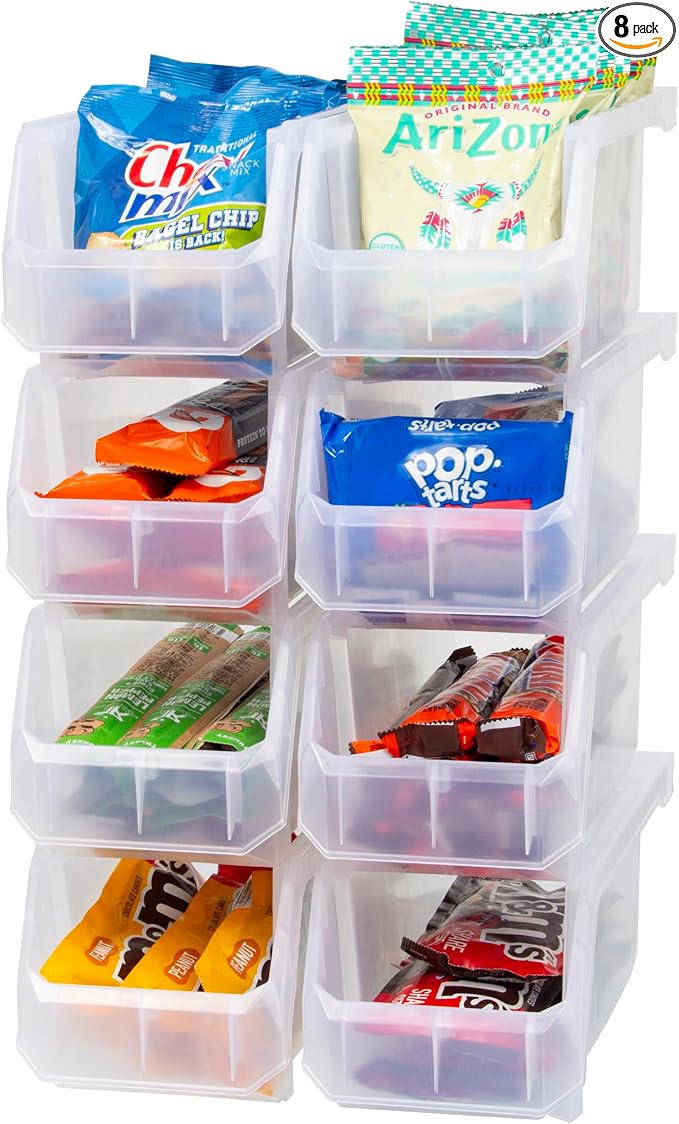 Medium Stackable Plastic Storage Bins, 8-Pack, Clear | Open-Front Stackable Bins For Garage, Pantry, Closet & Office, 11"L X 5,5"W X 5"H, Nests When Empty, Durable Plastic,