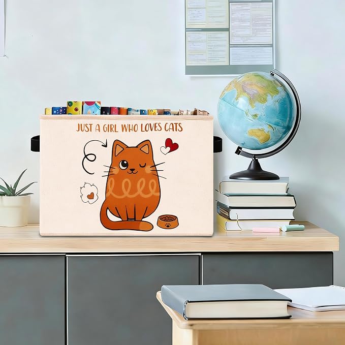 Cat Storage Bin, Foldable Fabric Basket for Girls Room Nursery | Foldable fabric storage bin with cat lover quote design for toys, books, clothes, nursery, bedroom, and playroom use.