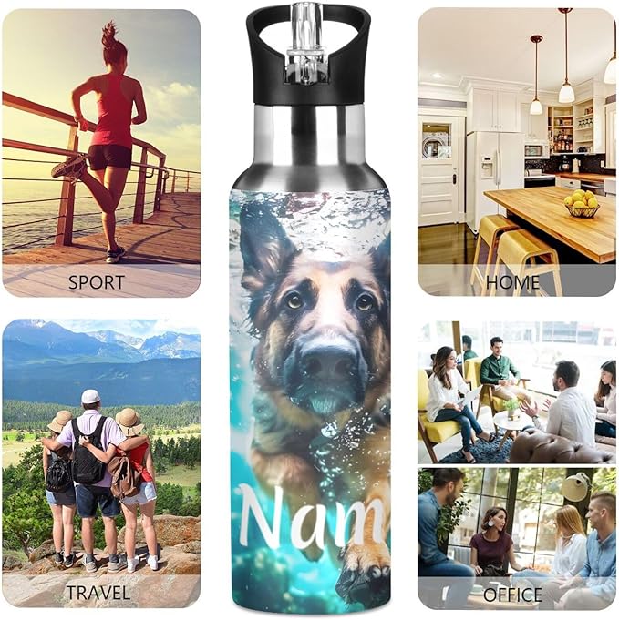 Custom Name German Shepherd Dog Underwater Water Bottle with Straw Lid Kids Insulated Stainless Steel Water Flask Sports, 20 Oz Hot Cold