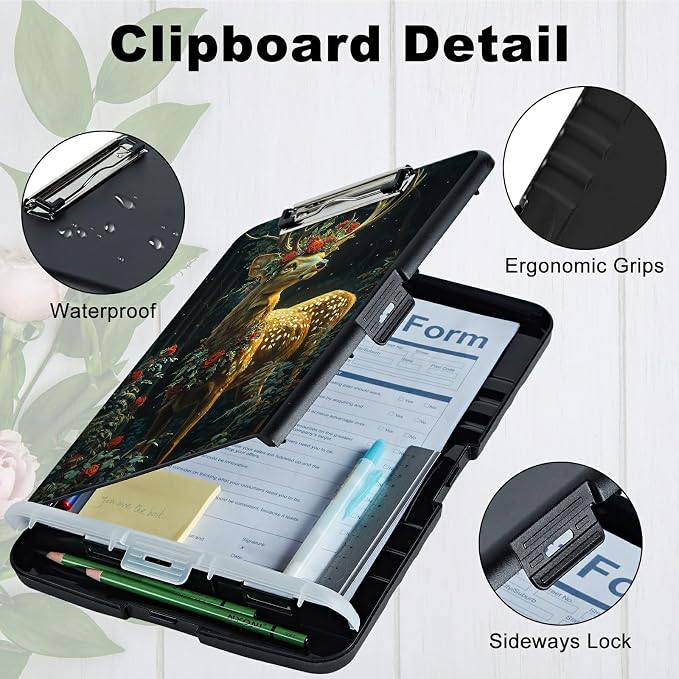 A4 Clipboard with Storage Pen Holder, Clipboards Organizer Nursing Clipboard Foldable File Folder Plastic Clipboard Folio Clip Board for Office Work Classroom Doctor, Rose Forest Deer