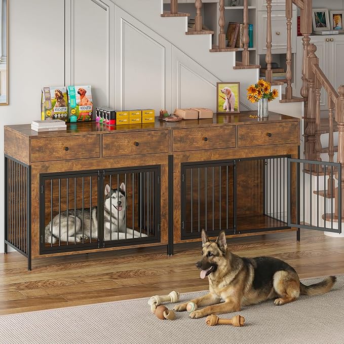 PUKAMI Large Dog Crate Furniture with 2 Drawers, 44 Inch Wooden Dog Kennel Indoor, Crate Furniture as Decorative End Table, Cage Furniture for Small Medium Large Dogs (New Brown, 2-Pack Set)