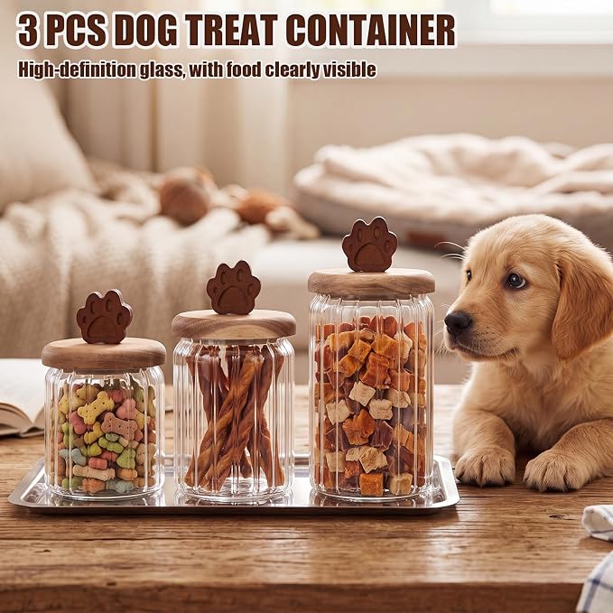 3 Pcs Glass Dog Treat Container, Dog Cookie Jar with Wooden Lid | 3 Sizes, Airtight Pet Treat Storage Container, for Kitchen Counter, Treats Canister, Doggie Cookie, Pets, Stripe Paw