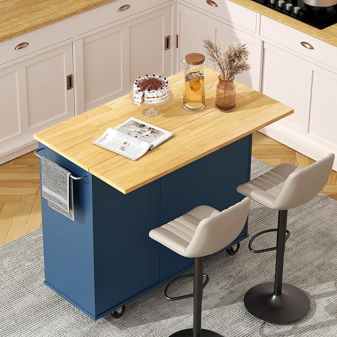 QAQA 40" Kitchen Island Cart Furniture cart on Wheels Rolling Portable Dining Room Serving Utility Carts Mobile Movable with Drawers Cabinet,Blue