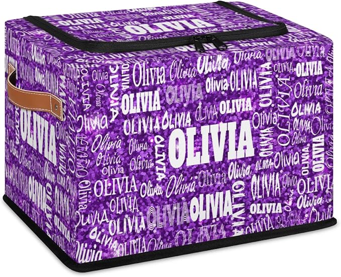 Custom Name Storage Bin with Lid Zipper, Personalized Rectangular Storage Basket with Handles for Organizing Girls Toys Office Closet Shelf Baskets, Bright Color Purple Sequins Pattern Print