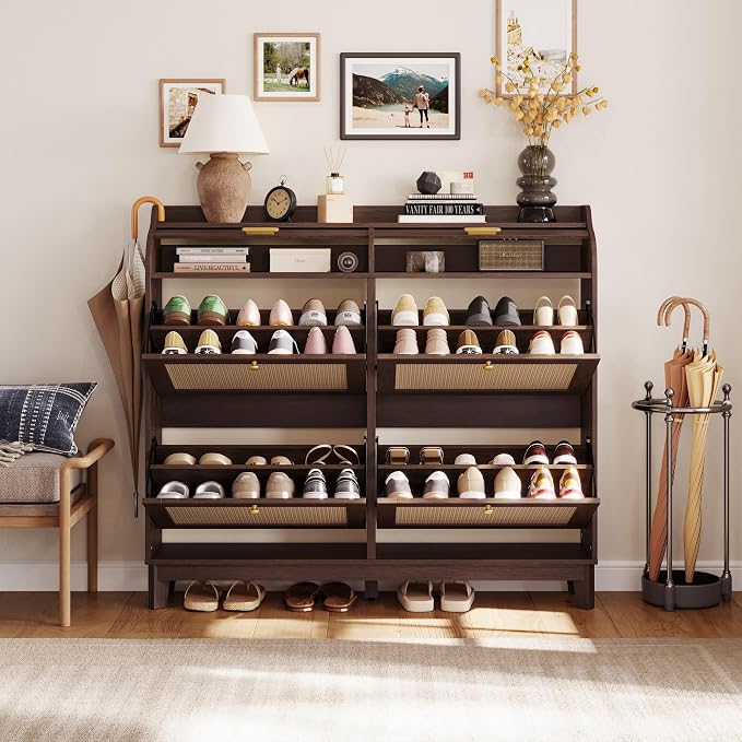 LINSY Shoe Storage Cabinet, Rattan Shoe Cabinet Flip Drawer Shoes Rack Cabinet with Sliding Tambour Door, Large Shoe Cabinets Mid Century Modern Hidden Shoe Storage Organizer for Entryway, Walnut